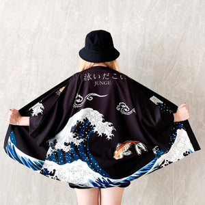 Japanese Women Kimono Koi and Cranes-Enchanted peach