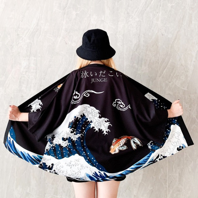 Japanese Women Kimono Koi and Cranes-Enchanted peach