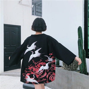 Japanese Women Kimono Koi and Cranes-Enchanted peach