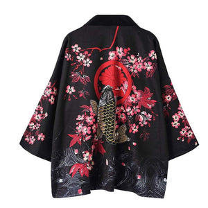 Japanese Women Kimono Koi and Cranes-Enchanted peach