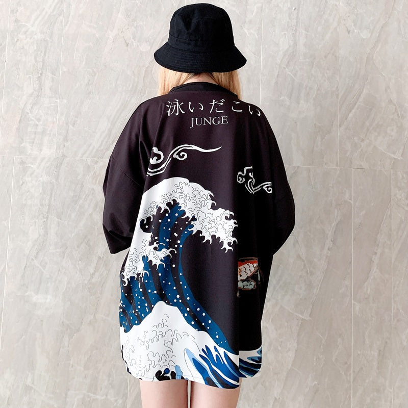 Japanese Women Kimono Koi and Cranes-Enchanted peach