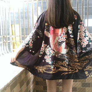 Japanese Women Kimono Koi and Cranes-Enchanted peach