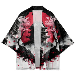 Japanese-theme Ancient Pagoda Sakura Red Sun Unisex Kimono-Enchanted peach