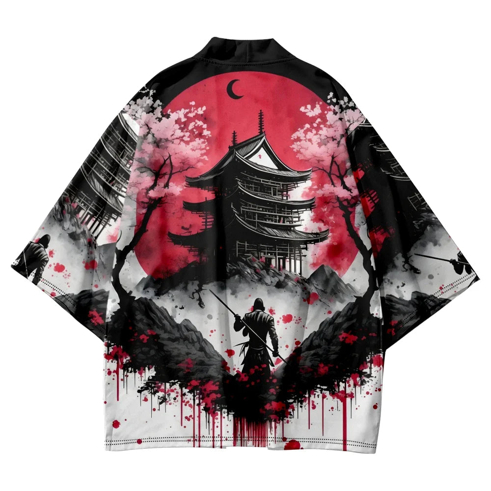 Japanese-theme Ancient Pagoda Sakura Red Sun Unisex Kimono-Enchanted peach