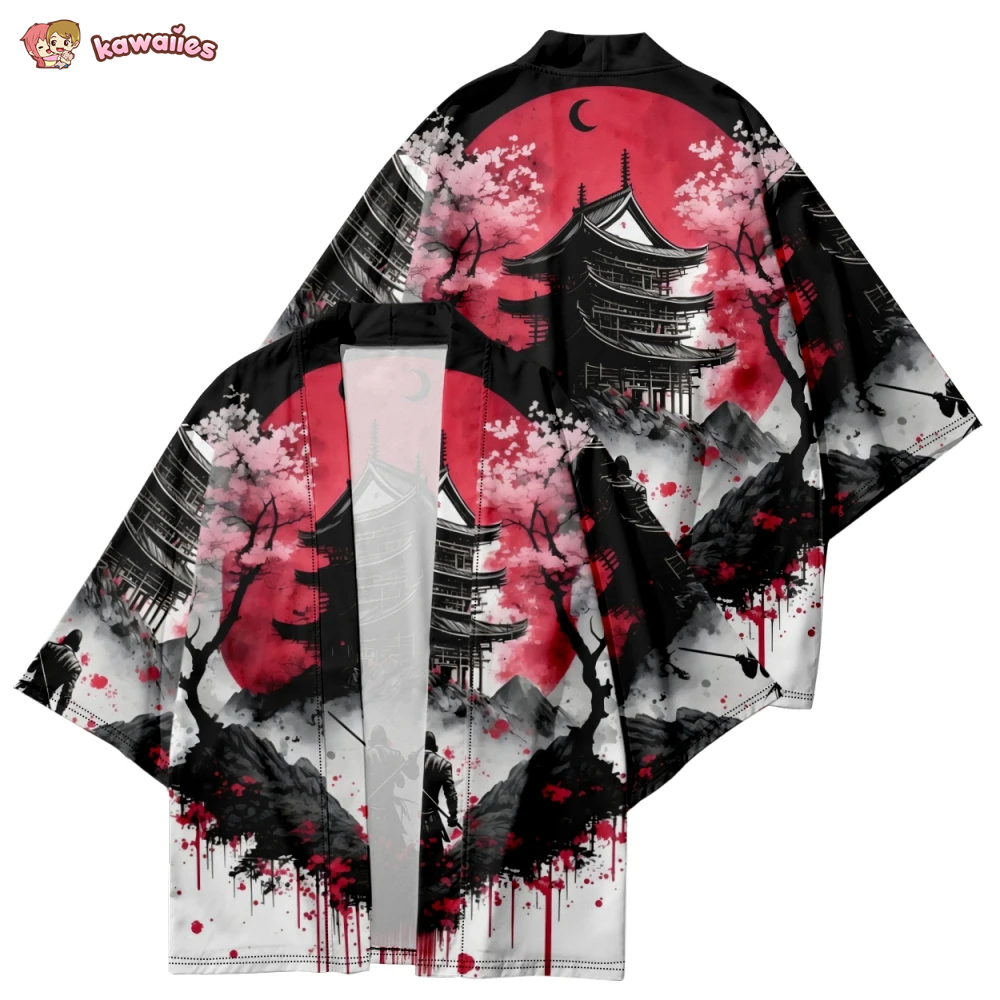 Japanese-theme Ancient Pagoda Sakura Red Sun Unisex Kimono-Enchanted peach