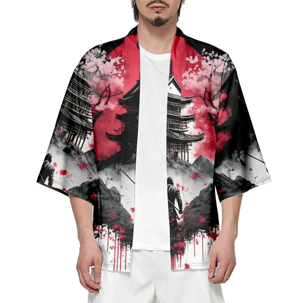 Japanese-theme Ancient Pagoda Sakura Red Sun Unisex Kimono-Enchanted peach