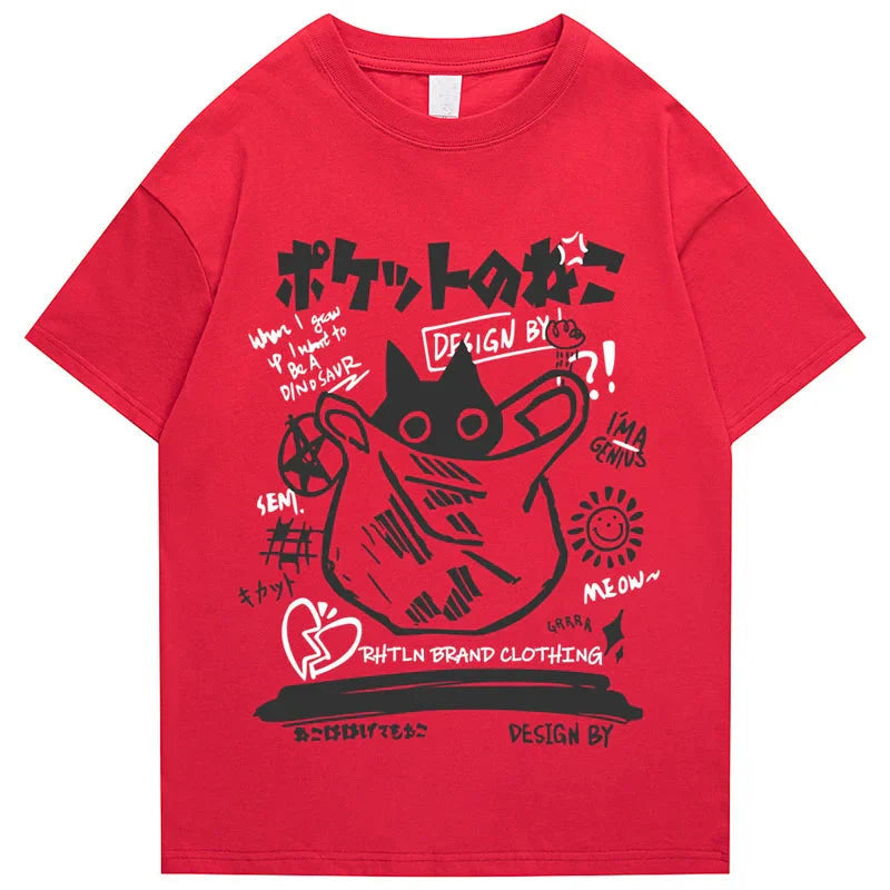 Japanese-theme Black Cat in a Bag Unisex Tee-Enchanted peach