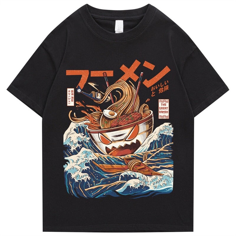 Japanese-theme Flaming Hot Noodles Great Waves Unisex Tee-Enchanted peach