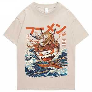 Japanese-theme Flaming Hot Noodles Great Waves Unisex Tee-Enchanted peach