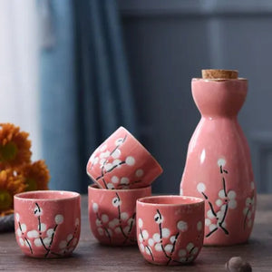 Japanese-theme Sakura Blossom Ceramic Sake Set 5-Piece Cup Collection 2-Enchanted peach