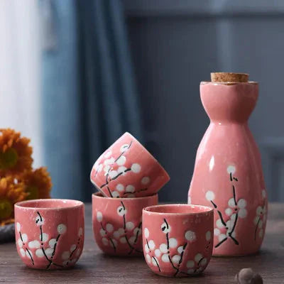 Japanese-theme Sakura Blossom Ceramic Sake Set 5-Piece Cup Collection 2-Enchanted peach