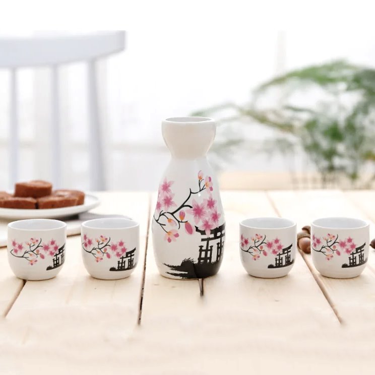 Japanese-theme Sakura Blossom Ceramic Sake Set 5-Piece Cup Collection-Enchanted peach