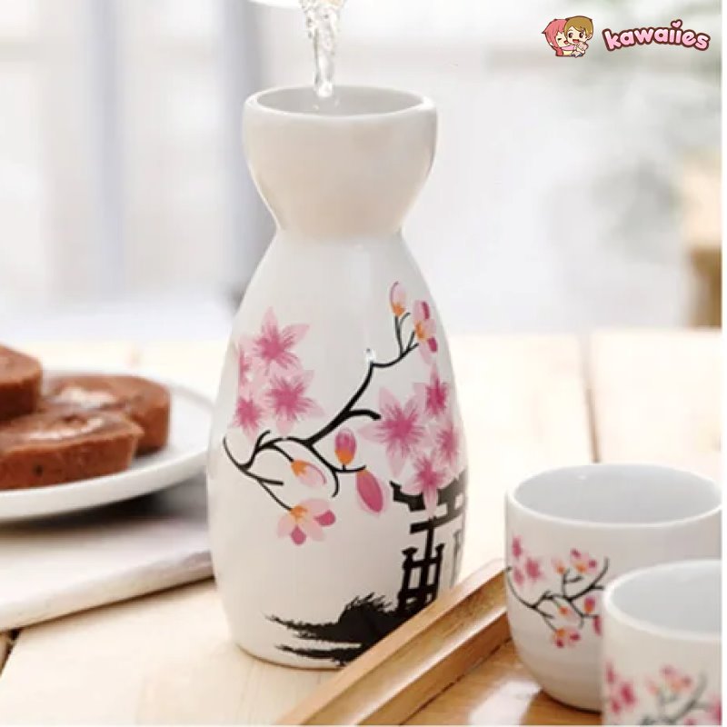 Japanese-theme Sakura Blossom Ceramic Sake Set 5-Piece Cup Collection-Enchanted peach