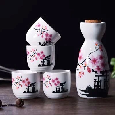 Japanese-theme Sakura Blossom Ceramic Sake Set 5-Piece Cup Collection-Enchanted peach