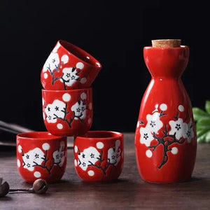 Japanese-theme Sakura Blossom Ceramic Sake Set 5-Piece Cup Collection-Enchanted peach