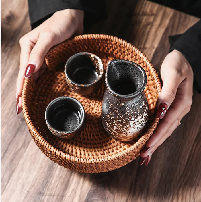 Japanese-theme Stone Ceramic Sake Set 5-Piece Cup Collection-Enchanted peach