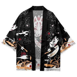 Japanese-themed Black Gold Nine Tailed Fox Unisex Kimono-Enchanted peach