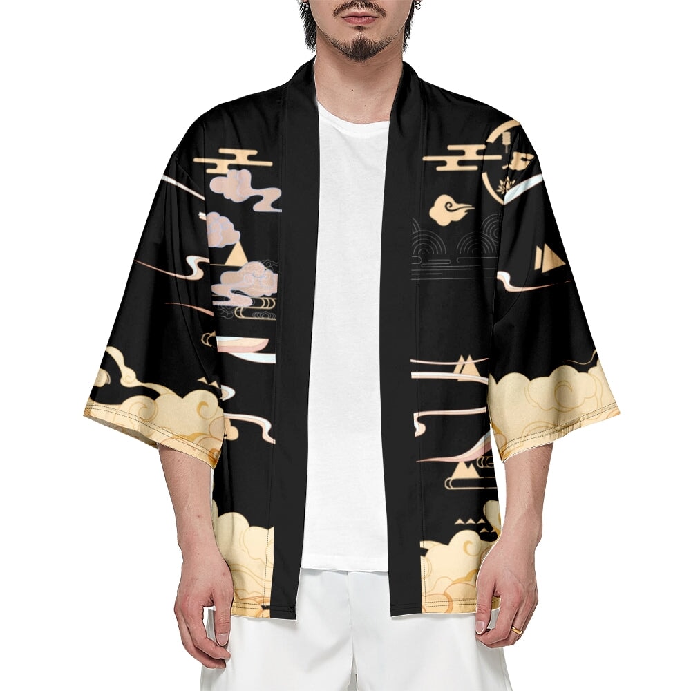 Japanese-themed Black Gold Nine Tailed Fox Unisex Kimono-Enchanted peach