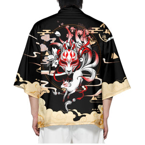 Japanese-themed Black Gold Nine Tailed Fox Unisex Kimono-Enchanted peach