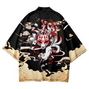 Japanese-themed Black Gold Nine Tailed Fox Unisex Kimono-Enchanted peach