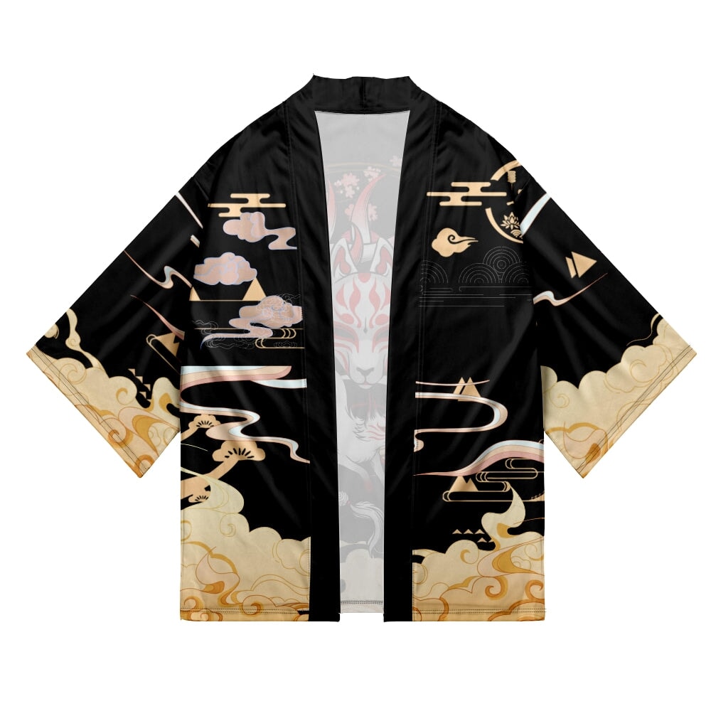 Japanese-themed Black Gold Nine Tailed Fox Unisex Kimono-Enchanted peach