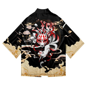 Japanese-themed Black Gold Nine Tailed Fox Unisex Kimono-Enchanted peach