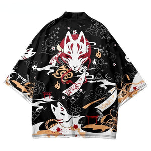 Japanese-themed Black Gold Nine Tailed Fox Unisex Kimono-Enchanted peach