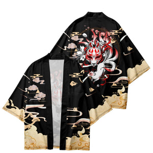 Japanese-themed Black Gold Nine Tailed Fox Unisex Kimono-Enchanted peach