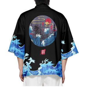 Japanese-themed Black Koi Waves Unisex Kimono-Enchanted peach