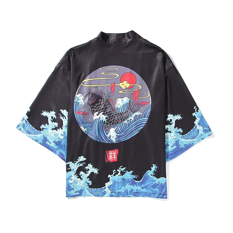 Japanese-themed Black Koi Waves Unisex Kimono-Enchanted peach