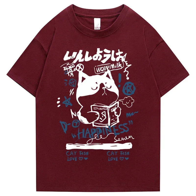 Japanese themed Cat Finding Happiness Unisex Tee-Enchanted peach