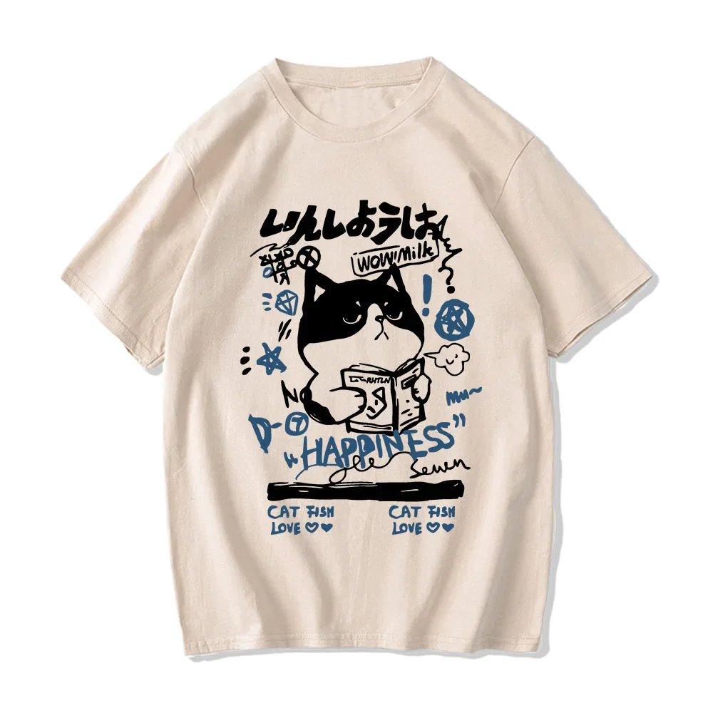 Japanese themed Cat Finding Happiness Unisex Tee-Enchanted peach