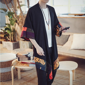 Japanese-themed Colorful Zigzag Black Men's Haori Yukata Kimono Jacket-Enchanted peach