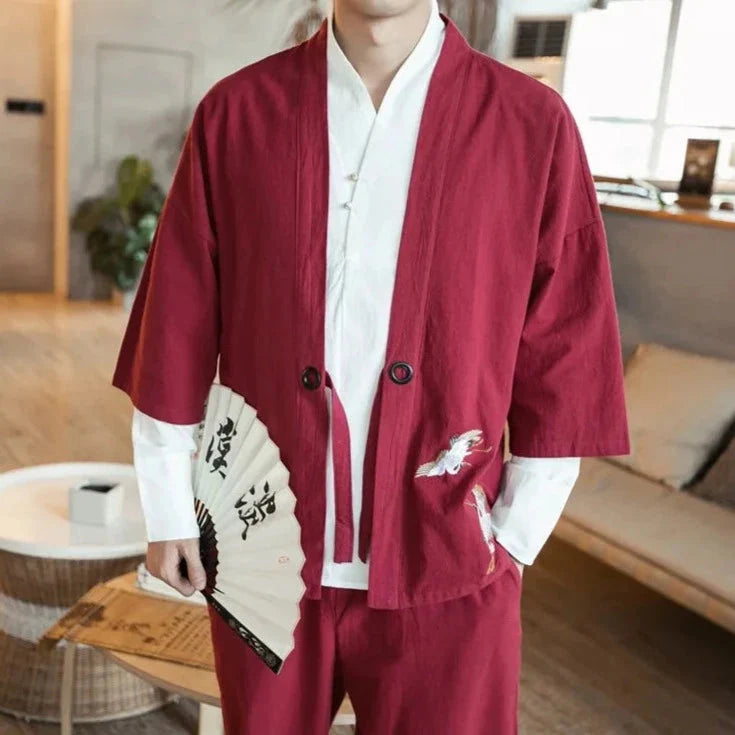 Japanese-themed Couple Crane Men's Yukata Kimono Jacket-Enchanted peach