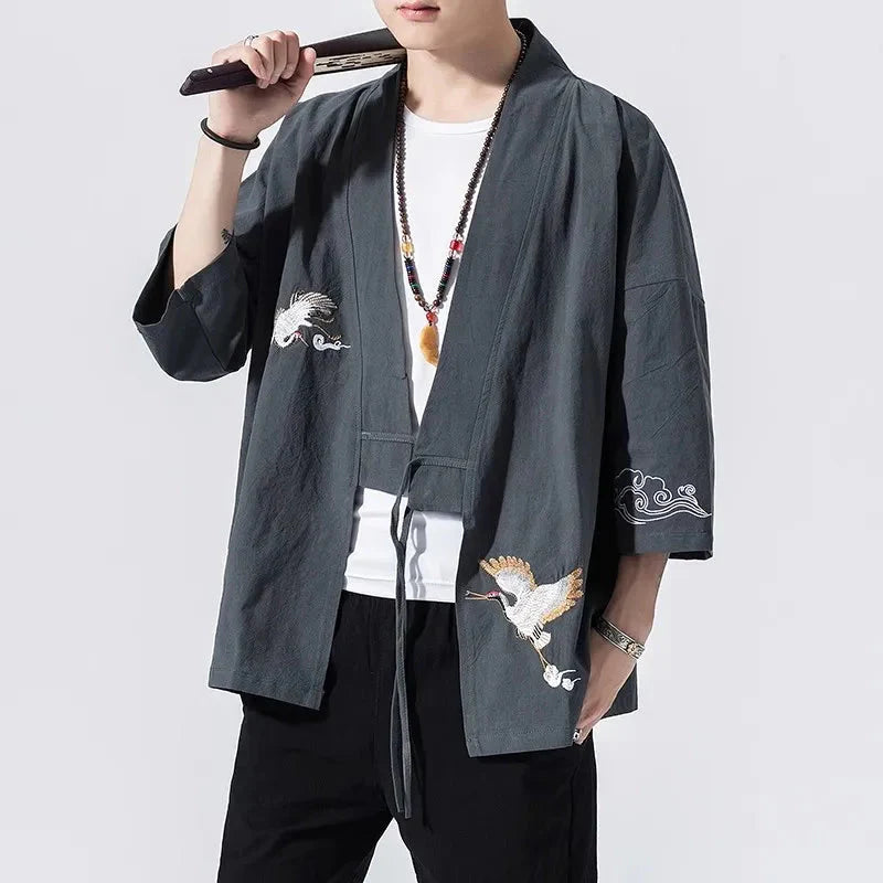 Japanese-themed Crane Cloud Minimal Men's Yukata Kimono Jacket-Enchanted peach