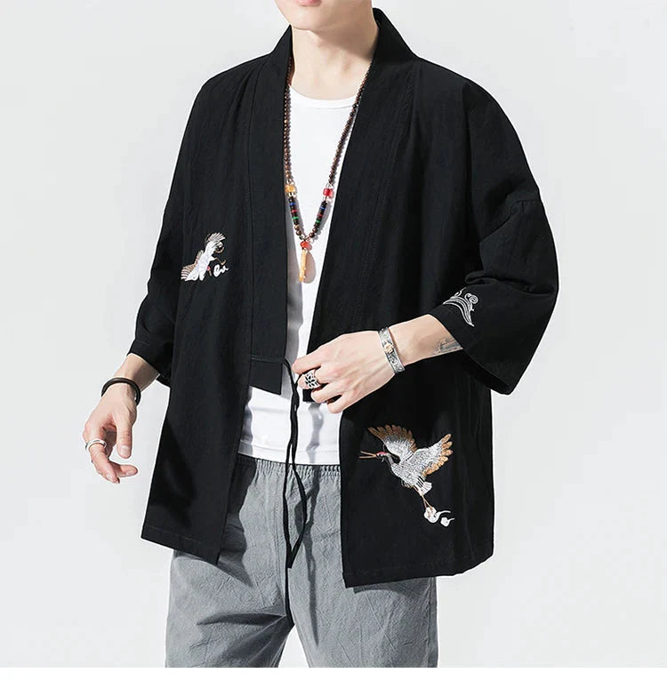 Japanese-themed Crane Cloud Minimal Men's Yukata Kimono Jacket-Enchanted peach