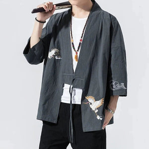 Japanese-themed Crane Cloud Minimal Men's Yukata Kimono Jacket-Enchanted peach