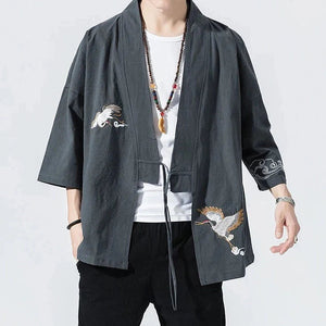 Japanese-themed Crane Cloud Minimal Men's Yukata Kimono Jacket-Enchanted peach