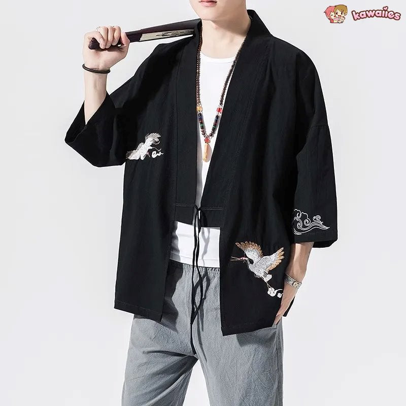 Japanese-themed Crane Cloud Minimal Men's Yukata Kimono Jacket-Enchanted peach