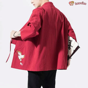 Japanese-themed Crane Cloud Minimal Men's Yukata Kimono Jacket-Enchanted peach