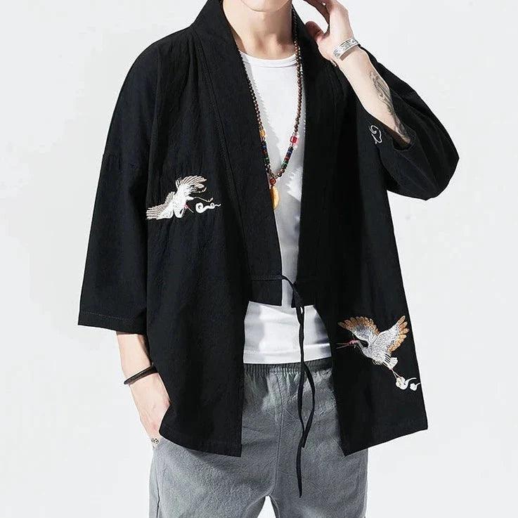 Japanese-themed Crane Cloud Minimal Men's Yukata Kimono Jacket-Enchanted peach