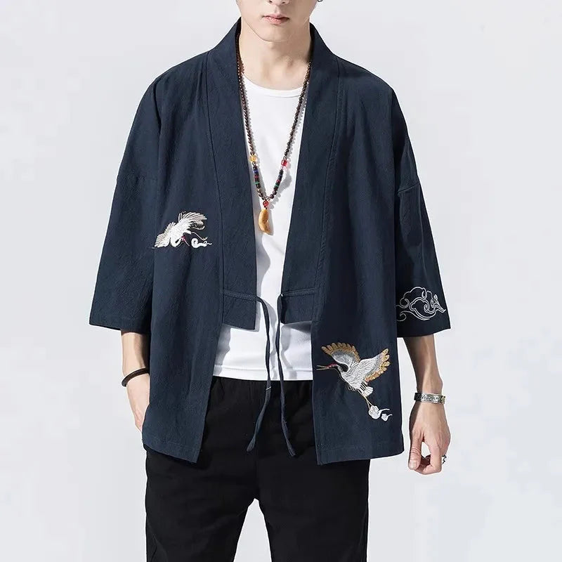 Japanese-themed Crane Cloud Minimal Men's Yukata Kimono Jacket-Enchanted peach