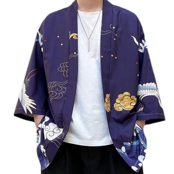 Japanese-themed Crane Cloudy Waves Unisex Purple/White Kimono-Enchanted peach