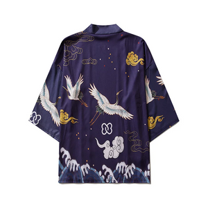 Japanese-themed Crane Cloudy Waves Unisex Purple/White Kimono-Enchanted peach