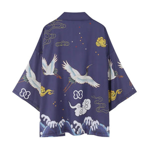 Japanese-themed Crane Cloudy Waves Unisex Purple/White Kimono-Enchanted peach