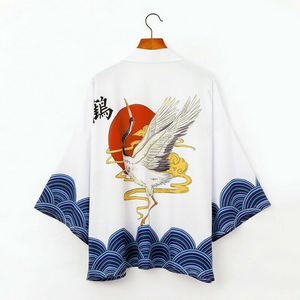 Japanese-themed Crane Cloudy Waves Unisex Purple/White Kimono-Enchanted peach