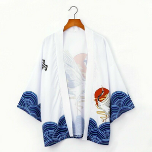 Japanese-themed Crane Cloudy Waves Unisex Purple/White Kimono-Enchanted peach