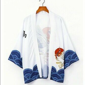 Japanese-themed Crane Cloudy Waves Unisex Purple/White Kimono-Enchanted peach