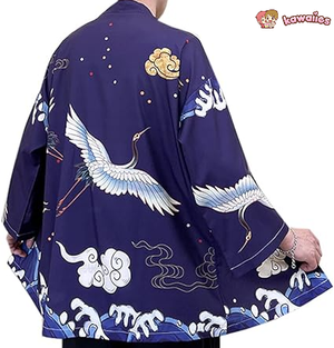 Japanese-themed Crane Cloudy Waves Unisex Purple/White Kimono-Enchanted peach