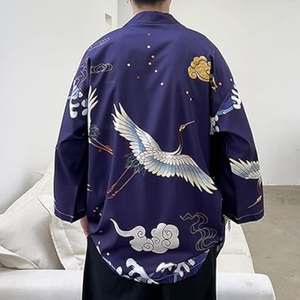 Japanese-themed Crane Cloudy Waves Unisex Purple/White Kimono-Enchanted peach